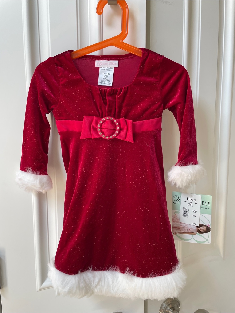 Bonnie Baby Sparkly Red Velvet Dress with Faux Fur Trim